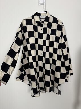 AQRL Shirt Womens One Size Checkerboard Poplin Tunic Italy Retro Button Up